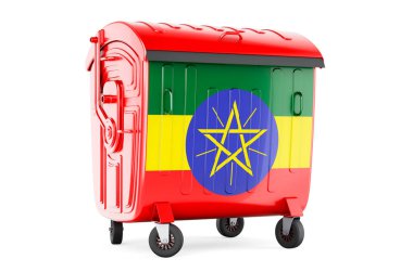 Etiyopya bayrağına sahip çöp konteynırı, beyaz arkaplanda 3 boyutlu görüntüleme  