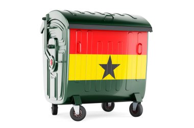 Ghanaian bayrağı taşıyan çöp konteynırı, beyaz arkaplanda 3 boyutlu görüntüleme  