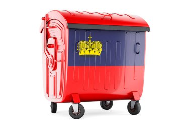 Lihtenştayn bayraklı çöp konteynırı, beyaz arkaplanda 3D görüntüleme  