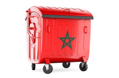 Fas bayrağına sahip çöp konteynırı, beyaz arkaplanda 3 boyutlu görüntüleme  