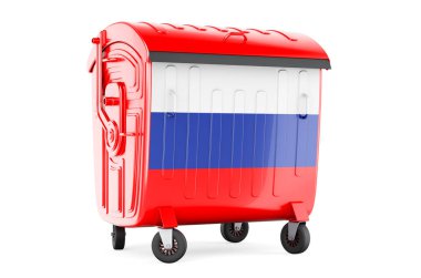 Rus bayrağı taşıyan çöp konteynırı, beyaz arkaplanda 3 boyutlu görüntüleme  