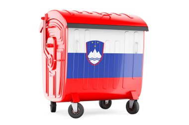 Sloven bayrağına sahip çöp konteynırı, beyaz arkaplanda 3D görüntüleme  