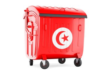 Tunus bayrağı taşıyan çöp konteynırı, beyaz arkaplanda 3 boyutlu görüntüleme  