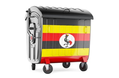 Garbage container with Ugandan flag, 3D rendering isolated on white background  
