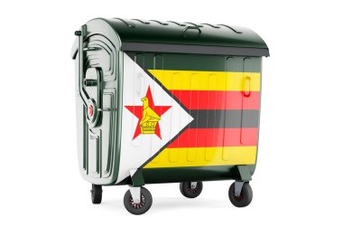 Zimbabve bayrağı taşıyan çöp konteynırı, beyaz arkaplanda 3 boyutlu görüntüleme  