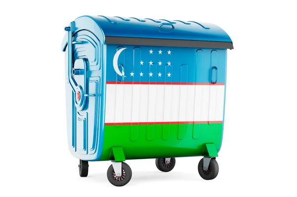Garbage Container Uzbek Flag Rendering Isolated White Background — Zdjęcie stockowe