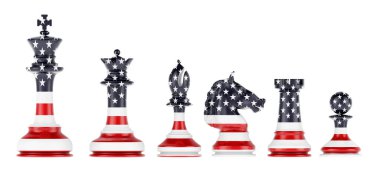ABD bayrağı taşıyan satranç figürleri, beyaz arka planda 3 boyutlu görüntüleme  