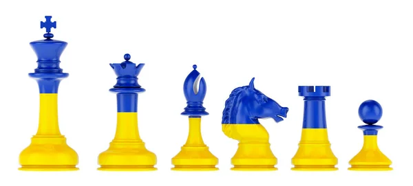 Chess Figures Ukrainian Flag Rendering Isolated White Background — Fotografia de Stock