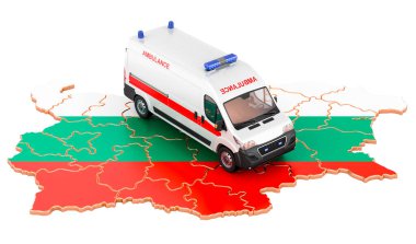 Bulgaristan 'da acil tıp hizmetleri. Bulgaristan haritasında ambulans minibüsü var. Beyaz arkaplanda 3B görüntüleme izole edildi