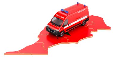 Fas 'ta acil sağlık hizmetleri. Fas haritasında ambulans minibüsü var. Beyaz arkaplanda 3B görüntüleme izole edildi