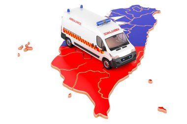 Tayvan 'da acil tıbbi servis. Tayvan haritasında ambulans minibüsü. Beyaz arkaplanda 3B görüntüleme izole edildi