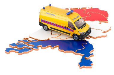 Hollanda 'da acil sağlık hizmetleri. Hollanda haritasında ambulans minibüsü var. Beyaz arkaplanda 3B görüntüleme izole edildi