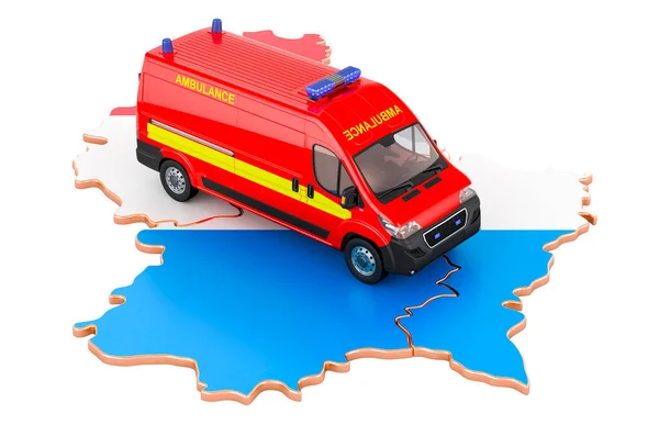 Emergency medical services in Luxembourg. Ambulance van on the Luxembourgish map. 3D rendering isolated on white background