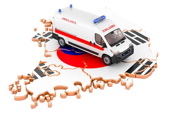 Emergency medical services in South Korea. Ambulance van on the South Korean map. 3D rendering isolated on white background