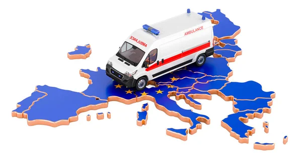 Sürgősségi Orvosi Szolgáltatások Európai Unióban Mentőautó Térképen Renderelés Elszigetelt Fehér — Stock Fotó