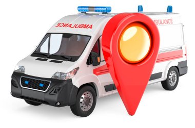 Harita işaretli ambulans minibüsü. Beyaz arkaplanda 3B görüntüleme izole edildi 