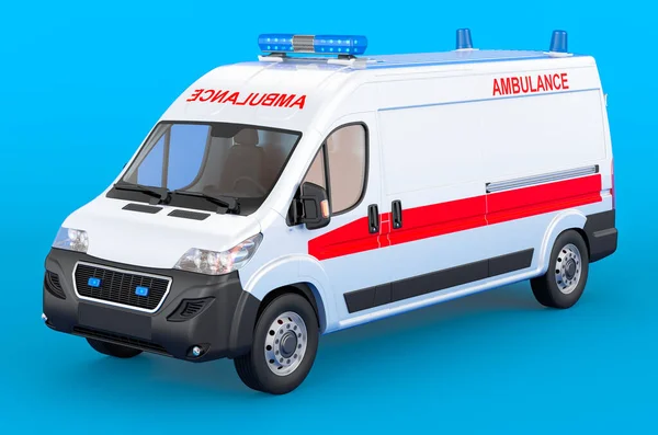 Ambulance van on blue backdrop, 3D rendering
