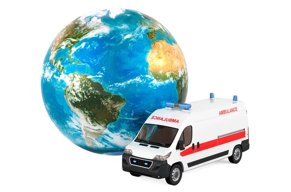Ambulance Busje Met Earth Globe Rendering Geïsoleerd Witte Achtergrond — Stockfoto