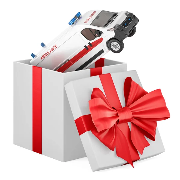 Ambulance Van Gift Box Present Concept Rendering Isolated White Background — Foto de Stock