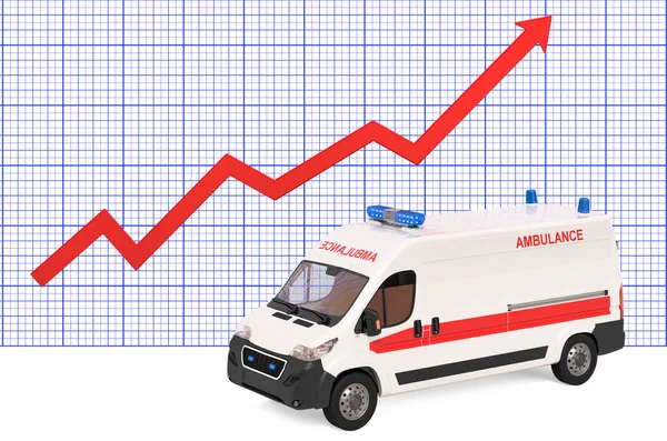 Ambulance van with growing chart. 3D rendering isolated on white background