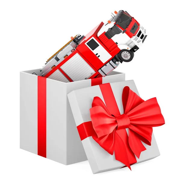 Fire Engine Gift Box Present Concept Rendering Isolated White Background — Foto de Stock