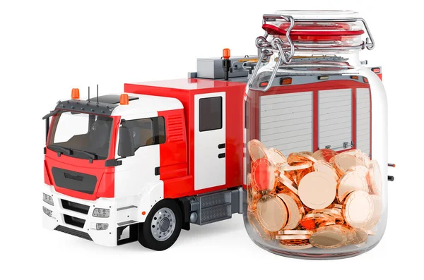 Fire Truck Glass Jar Full Golden Coins Rendering Isolated White — Stockfoto