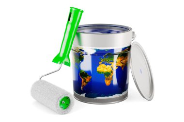 Earth texture map on the paint can, 3D rendering isolated on white background		