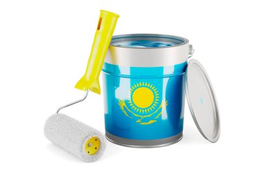 Kazakh flag on the paint can, 3D rendering isolated on white background			