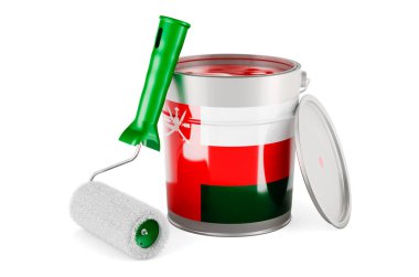 Omani flag on the paint can, 3D rendering isolated on white background		
