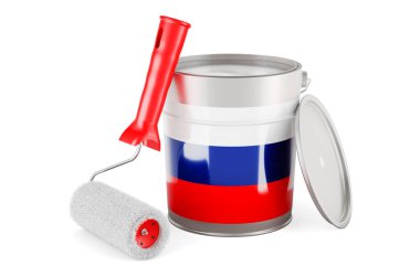 Russian flag on the paint can, 3D rendering isolated on white background	