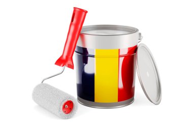 Romanian flag on the paint can, 3D rendering isolated on white background