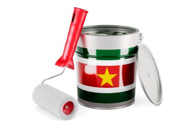 Surinamese flag on the paint can, 3D rendering isolated on white background