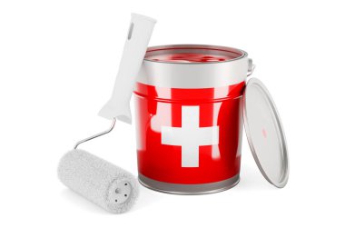 Swiss flag on the paint can, 3D rendering isolated on white background			