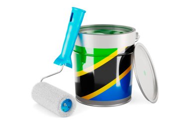 Tanzanian flag on the paint can, 3D rendering isolated on white background		