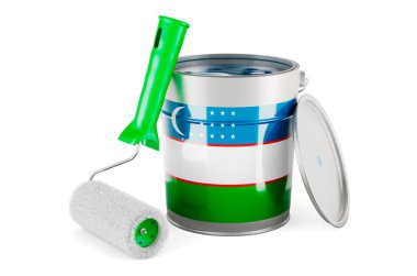 Uzbek flag on the paint can, 3D rendering isolated on white background			