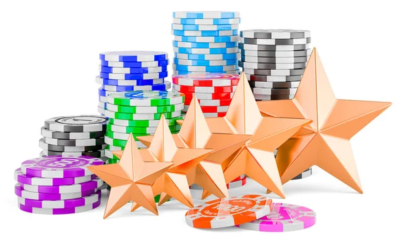 Casino Tokens Five Golden Stars Customer Rating Casino Rendering Isolated — Fotografia de Stock