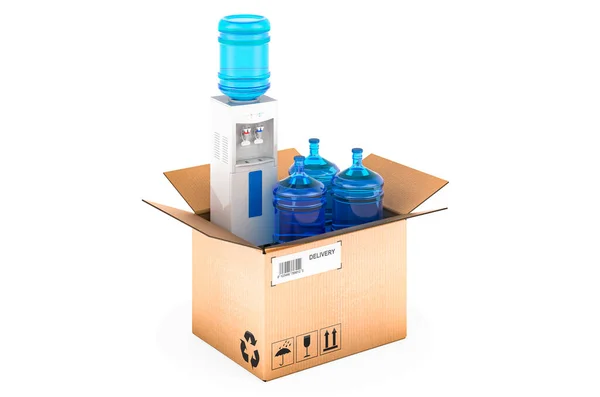 Water Cooler Water Dispenser Bottles Cardboard Box Delivery Concept Rendering — Zdjęcie stockowe