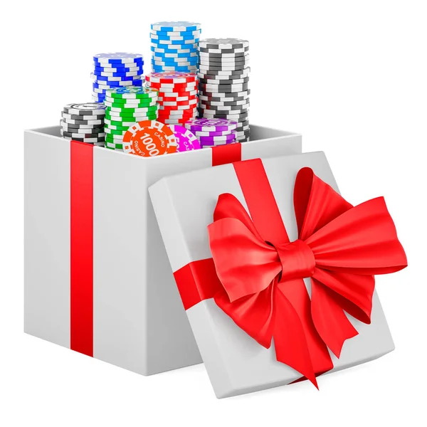 Casino Tokens Gift Box Present Concept Rendering Isolated White Background — Foto de Stock