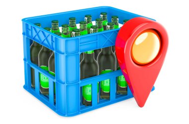 Crate full beer bottles with map pointer. 3D rendering isolated on white background