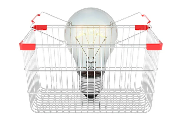 Shopping Basket Lightbulb Rendering Isolated White Background — Stockfoto