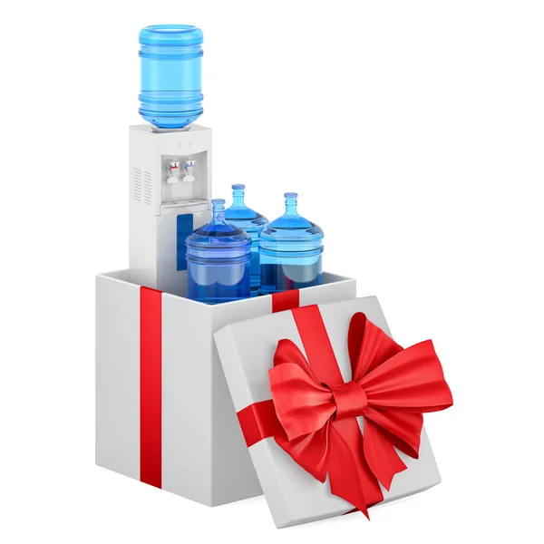 Охолоджувач Води Пляшками Дозатора Води Всередині Подарункової Коробки Теперішня Концепція — стокове фото