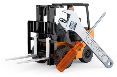 Repair and service of forklift truck, 3D rendering isolated on white background