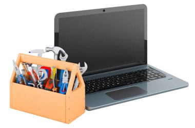 Laptop with tool box. Repair and service of notebook concept. 3D rendering isolated on white background