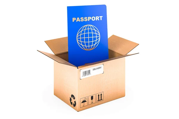 Passport Cardboard Box Delivery Concept Rendering Isolated White Background — Stock Photo, Image