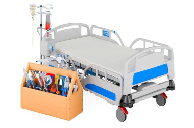 Adjustable hospital bed with tool box. Service and repair of adjustable hospital beds, 3D rendering isolated on white background