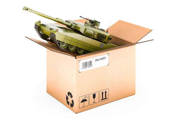 Battle Tank Cardboard Box Delivery Concept Rendering Isolated White Background — Zdjęcie stockowe