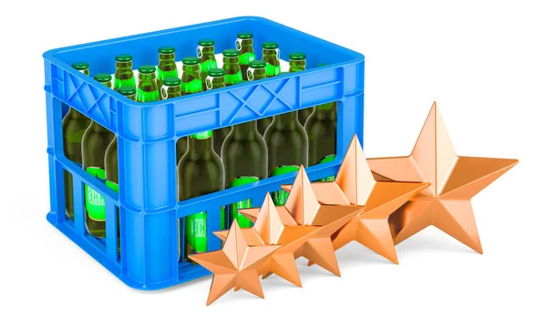 Crate full beer bottles with five golden stars. Customer rating of beers. 3D rendering isolated on white background