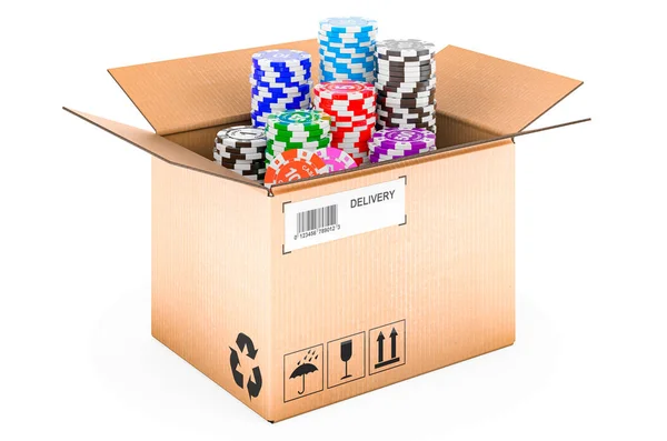 Casino Tokens Cardboard Box Delivery Concept Rendering Isolated White Background — Stock fotografie