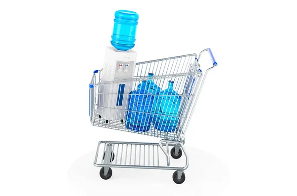 Shopping Cart Water Cooler Water Dispenser Bottles Rendering Isolated White — Zdjęcie stockowe