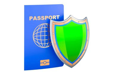 Passport with shield, 3D rendering isolated on white background